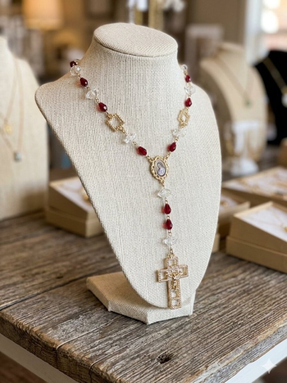Gold Crystal Cross Auto Travel Rosary Red Virgin Mary St Jude San Miguel